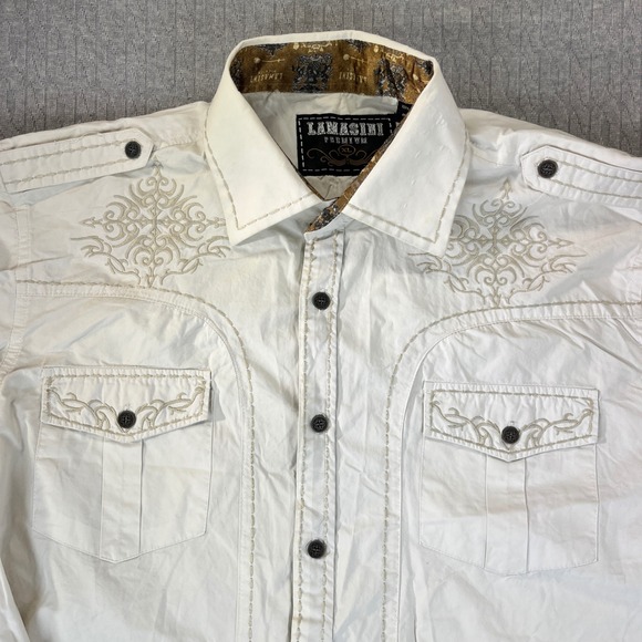 Lamasini Premium Dress Shirt Men XL White Embroidered Western Metal Button Up - Picture 9 of 14